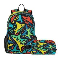 Mnsruu Cartoon-Hai-Rucksack, Vorschulrucksack mit Lunchbox, Kleinkind, Kindergarten, Schule, Büchertaschen-Set für Kinder, Jungen, Mädchen, mehrfarbig, Einheitsgröße, Tagesrucksack von Mnsruu