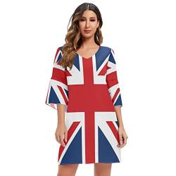 Mnsruu Damen Minikleid Union Jack Britische Flagge Chiffon 3/4-Ärmel V-Ausschnitt, mehrfarbig, S-M von Mnsruu