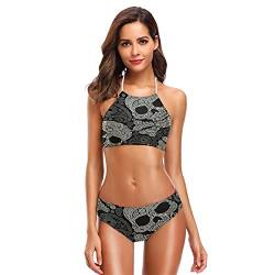 Mnsruu Day of the Dead Skull Paisely Damen Neckholder Bikini Bademode Hohe Taille Gepolstert 2 Stück Gr. M/L, mehrfarbig von Mnsruu