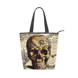 Mnsruu Große Canvas-Handtasche für den Strand, Reisen, Einkaufen, Schultertasche, Retro, Totenkopf-Blume, Buchstabe, Sommerurlaub, Handtasche für Frauen und Mädchen von Mnsruu