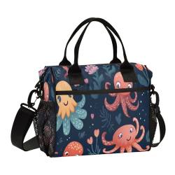 Mnsruu Große isolierte Lunchtasche, Blumen, niedlicher Oktopus, wiederverwendbare Lunchbox für Büro, Arbeit, Schule, Picknick, Strand, Tragetasche mit verstellbarem Riemen, mehrfarbig, M, Casual von Mnsruu