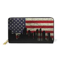 Mnsruu Kunst Usa Amerika Flagge Damen Brieftasche Reißverschluss Geldbörse Echtes Leder Geldbeutel Telefon Kreditkartenetui Portemonnaie für Frauen Mädchen von Mnsruu