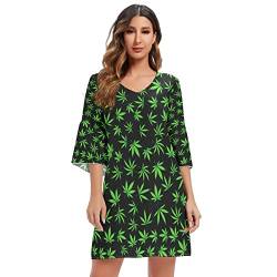 Mnsruu Mariguana Cannabis Leaves Damen Casual Chiffon Minikleid 3/4 Ärmel V Ausschnitt, mehrfarbig, L-XL von Mnsruu
