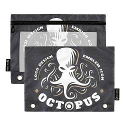 Mnsruu Octopus on Black 3 Ring Binder Pencil Pouches with Zipper Clear Window Stationery Bag for Storing School Office Supplies, 2 Pack, mehrfarbig, Einheitsgröße, Beauty Case von Mnsruu