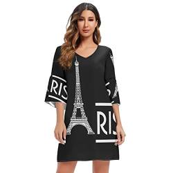 Mnsruu Paris Eiffelturm Schwarz Damen Casual Chiffon Minikleid 3/4 Ärmel V Ausschnitt, mehrfarbig, L-XL von Mnsruu