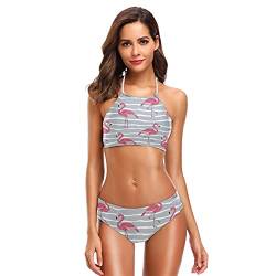 Mnsruu Pink Flamingo Damen Neckholder-Bikini, hohe Taille, gepolstert, Grau gestreift, mehrfarbig, S / M von Mnsruu