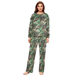 Mnsruu Pyjama-Set für Damen, Flanell, Camouflage, Dinosaurier, 2-teilig, langärmelig, Nachtwäsche, Lounge-Sets, mehrfarbig, 38 von Mnsruu