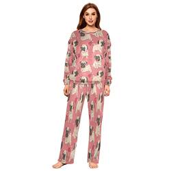 Mnsruu Pyjama-Set für Damen, Flanell, Motiv: rosa Mops, mit Herzen, 2-teilig, langärmelig, Nachtwäsche, Lounge-Set, mehrfarbig, 36 von Mnsruu