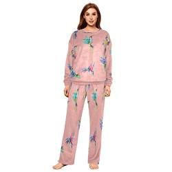 Mnsruu Pyjama-Set für Damen, Kolibri auf rosa Flanell, 2-teilig, langärmelig, Nachtwäsche, Lounge-Sets, mehrfarbig, 42 von Mnsruu