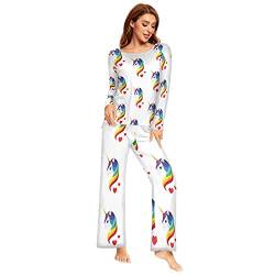 Mnsruu Regenbogen-Einhorn-Pyjama-Set für Damen, 2-teilig, langärmelig, Nachtwäsche, Lounge-Sets, mehrfarbig, 42 von Mnsruu