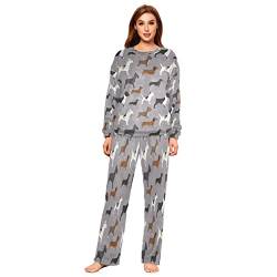 Mnsruu Retro Dackel Hund Flanell Pyjama-Set für Damen, 2-teilig, langärmelig, Nachtwäsche, Lounge-Sets, mehrfarbig, 36 von Mnsruu