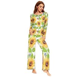 Mnsruu Sonnenblumen-Schlafanzug-Set für Damen, 2-teilig, langärmelig, Nachtwäsche, Lounge-Sets, mehrfarbig, 36 von Mnsruu