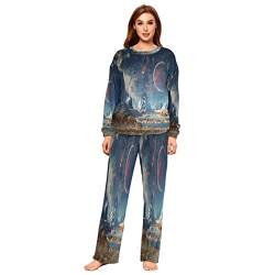 Mnsruu Space Planet Moon Mountain Flanell-Pyjama-Set für Damen, 2-teilig, langärmelig, Nachtwäsche, Lounge-Sets, mehrfarbig, 42 von Mnsruu