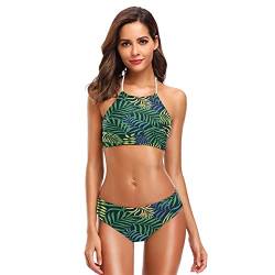 Mnsruu Tropical Palm Tree Leaf Damen Neckholder Bikini Bademode High Waist Gepolstert 2 Stück Gr. M/L, mehrfarbig von Mnsruu