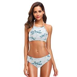 Mnsruu Watercolor Libelle Blau Damen Neckholder Bikini Bademode Hohe Taille Gepolstert 2 Stück, mehrfarbig, S / M von Mnsruu