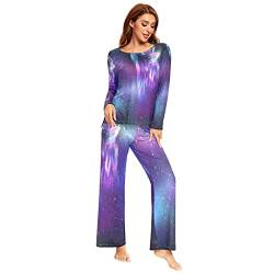 Mnsruu Wolf Starry Pyjama-Set für Damen, 2-teilig, langärmelig, Nachtwäsche, Lounge-Sets, mehrfarbig, 38 von Mnsruu