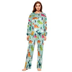Mnsruu Zweiteiliges Pyjama-Set aus Flanell mit Dinosaurier-Wolken-Motiv für Damen, langärmelig, Nachtwäsche, Lounge-Sets, mehrfarbig, 38 von Mnsruu