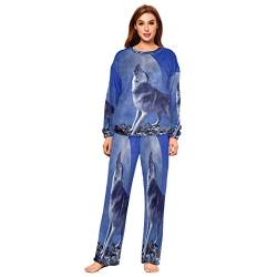 Mnsruu Zweiteiliges Pyjama-Set für Damen, Design: heulender Wolf und Mond, Flanell, langärmelig, Nachtwäsche, Lounge-Sets, mehrfarbig, 36 von Mnsruu