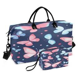 Reisetasche, Motiv: rosa Schmetterlinge, mit Kulturbeutel und verstellbarem Riemen, für Reisen, Fitnessstudio, Yoga, Wochenende, mehrfarbig, Einheitsgröße, Kulturbeutel von Mnsruu