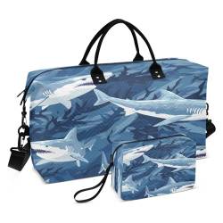 Sharks Reisetasche mit Kulturbeutel und verstellbarem Gurt, für Reisen, Fitnessstudio, Yoga, Wochenende, Blau, mehrfarbig, Einheitsgröße, Kulturbeutel von Mnsruu
