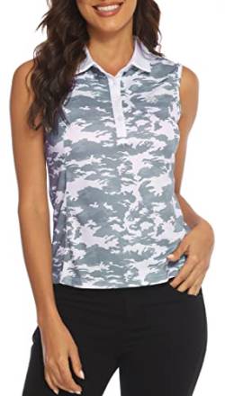 AIRIKE Damen Poloshirt Ärmellos Camouflage Shirt Leichte Golf Sport Polo Sommershirts Atmungsaktiv Top mit Polokragen Camo-Grau L von MoFiz