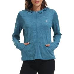 Damen Laufshirt Langarm Sportshirt UPF 50+ Schnelltrocknend UV Schutz Hoodie Pullover Wandershirt mit Daumenlöcher Blau XL von MoFiz