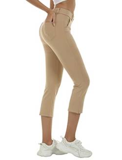 MoFiz Damen Golf Caprihose Stretch Slim Business Freizeithose Gerades Bein Yoga Kleid Hose mit Taschen Büro Slacks, Khaki, Groß von MoFiz