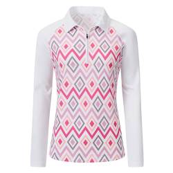 MoFiz Damen Golf Poloshirt Langarm Tennis Polohemd Schnelltrocknend Atmungsaktiv Sport Workout Lady-Fit Sportshirt Rosa L von MoFiz
