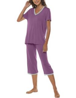 MoFiz Damen Kurz Schlafanzug Pyjama Set Kurzarm Nachtwäsche lässig Shirt & Caprihose Sleepwear mit V-Ausschnitt Sommer Lila 01 Größe XXL von MoFiz