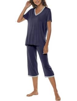 MoFiz Damen Kurzarm Schlafanzug Pyjama Set Für Frauen Nachtwäsche Sleepwear Kurzarm V Ausschnitt Sleepshirt mit Capri Hose Marineblau Größe L von MoFiz