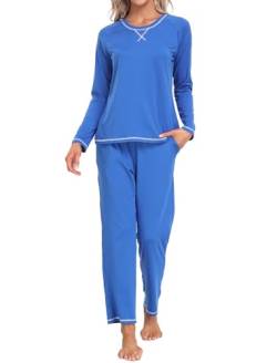 MoFiz Damen Pyjama Set Lang Zweiteiliger Nachtwäsche Soft Warme Sleepwear Pyjamahose mit Kordelzug Saphir Blau M von MoFiz
