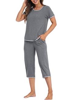MoFiz Damen Schlafanzug Kurz Pyjama Set Sommer Kurzarm Nachtwäsche Hausanzug Zweiteilige Sleepwear Freizeitanzug mit Tasche Dunkelgrau L von MoFiz