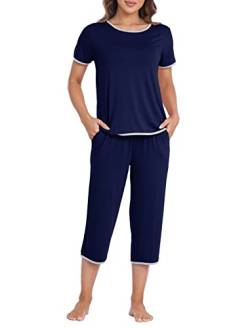 MoFiz Damen Schlafanzug Kurz Pyjama Set Sommer Kurzarm Nachtwäsche Hausanzug Zweiteilige Sleepwear Freizeitanzug mit Tasche Marineblau L von MoFiz