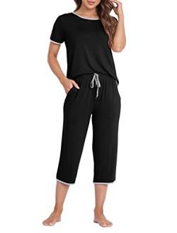 MoFiz Damen Schlafanzug Kurzes Pyjama Set Superweich Nachtwäsche Chlafanzug für den Sommer Schwarz S von MoFiz