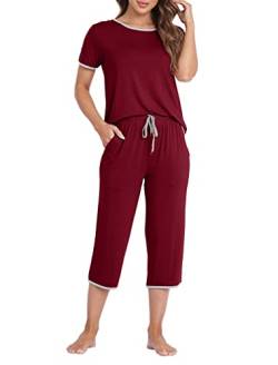 MoFiz Damen Schlafanzug Kurzes Pyjama Set Superweich Nachtwäsche Chlafanzug für den Sommer Weinrot XL von MoFiz