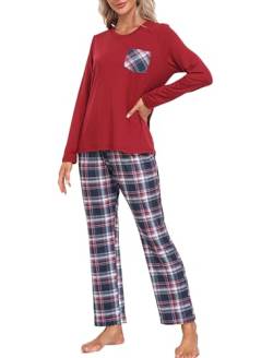 MoFiz Damen Schlafanzug Lang Pyjama Set Herbst Winter Nachtwäsche Zweiteiliger Sleepwear Soft Loungewear Hausanzug mit Karierte Hose XL von MoFiz