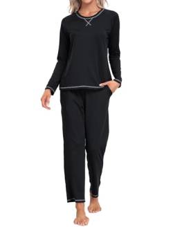 MoFiz Damen Schlafanzug Lang Pyjama Set Sleepwear Hausanzug Soft Einfach Nachtwäsche Loungewear Schwarz L von MoFiz