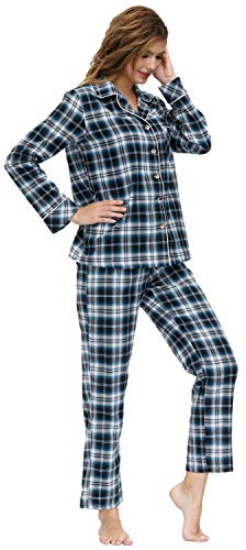 MoFiz Damen Schlafanzug Langarm Baumwolle Warm Kariert Sleepwear Pyjama Anzug mit Knopfleiste Nachtwäsche Herbst und Winter 2XL von MoFiz