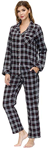 MoFiz Damen Schlafanzug Langarm Baumwolle Warm Kariert Sleepwear Pyjama Anzug mit Knopfleiste Nachtwäsche Herbst und Winter L von MoFiz