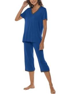 MoFiz Damen Schlafanzug Sommer Pyjama Kurze Oberteile mit Ärmel 3/4 Pyjamahose Weichen Nachtwäsche Hausanzug Kurzarm Sleepwear XS-XXL Mittelblau Größe L von MoFiz
