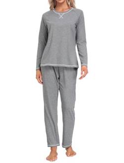 MoFiz Damen Schlafanzug Zweiteiliger Pyjama Set Raglanärmel Atmungsaktive Loungewear mit Rundhalsausschnitt Mittel Grau M von MoFiz