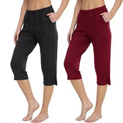 MoFiz Damen Schlafanzughose 3/4 Lang Schlafhose Modal Nachtwäsche Weich Pyjamahose Freizeithose mit Taschen Rot Schwarz M von MoFiz