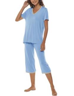 MoFiz Damen Zweiteiliger Schlafanzug Einfarbig Kurz Pyjama Set Leicht V-Ausschnitt Nachtwäsche Hausanzug Kurzarm Shirt und Capri Pyjamahose Himmelblau Größe M von MoFiz