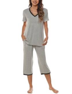 MoFiz Damen Zweiteiliger Schlafanzug Einfarbig Weich 3/4 Pyjama Set Nachtwäsche Hausanzug Kurzarm Shirt Capri Hose Sleepwear mit V-Ausschnitt Hellgrau Größe L von MoFiz