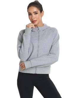 MoFiz Fleecejacke Damen Hoodies Kapuzenjacke Sweatjacke Kurzes mit Zipper und Taschen Sport Casual Basic Winterpullover Grau S von MoFiz