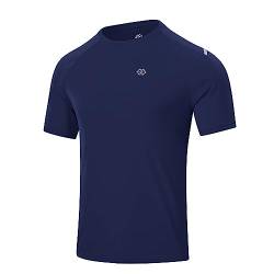 MoFiz Herren Funktions Sport T-Shirts Kurzarm Schnelltrocknend Fitnessshirt Leicht Stretch Surf Shirt Laufshirts mit Reflektierender Streifen Marine Blau XL von MoFiz