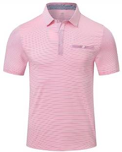 MoFiz Herren Gestreifte Poloshirt Kurzarm Polohemd Sommer Sport Schnelltrocknend Golf Streifenshirt Knopfleiste Polo mit Brusttasche Rosa EU L von MoFiz