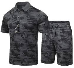 MoFiz Herren Poloshirt Shorts Set Sommer Outfits Leichte Casual Kurzarm Poloanzug für Männer 2 Stück Shorts Trainingsanzug, B-camo grau-set, X-Large von MoFiz