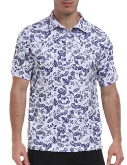 MoFiz Herren Poloshirt mit Muster Kurzarm Polohemd Vintage Polo Bunt Hawaii Sommer Atmungsaktiv Gedruckt Freizeitshirt IC-Pflanzen-Dunkelblau EU XL von MoFiz