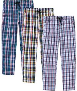 MoFiz Herren Pyjamahose Baumwolle Lange Schlafanzughosen Freizeithose Kariert Loungewear Nachtwäsche mit Seitentaschen 3Pack-A XL von MoFiz